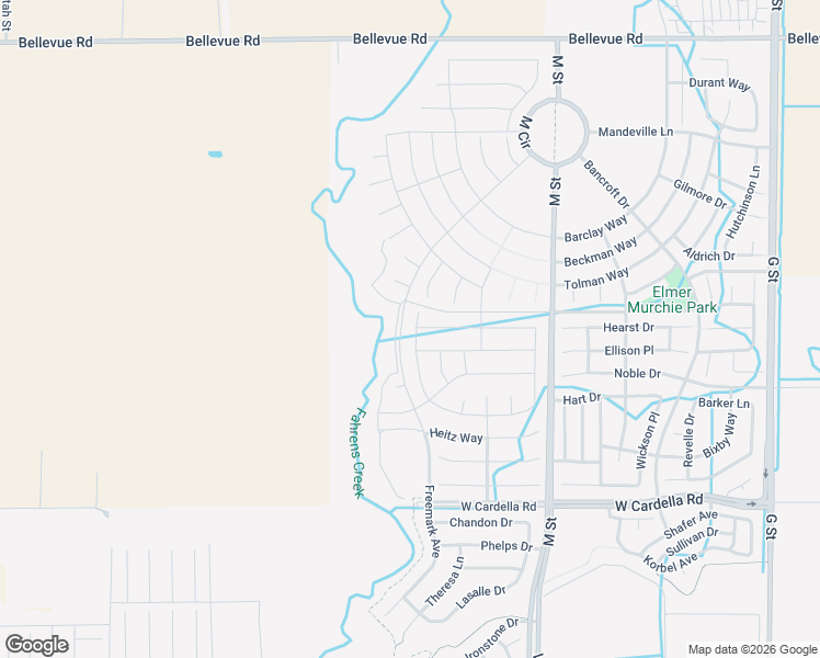 map of restaurants, bars, coffee shops, grocery stores, and more near 4479 Andrea Drive in Merced