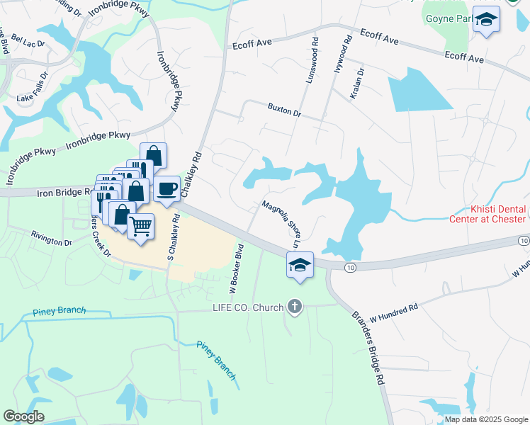 map of restaurants, bars, coffee shops, grocery stores, and more near 5749 Magnolia Shore Lane in Chester