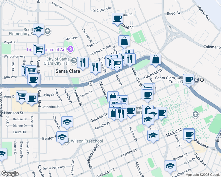 map of restaurants, bars, coffee shops, grocery stores, and more near 1344 Jackson Street in Santa Clara