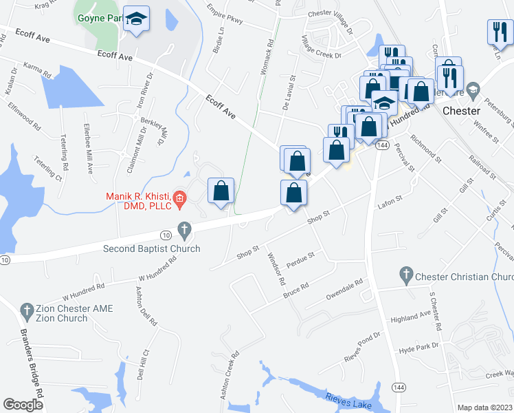 map of restaurants, bars, coffee shops, grocery stores, and more near 4800 West Hundred Road in Chester