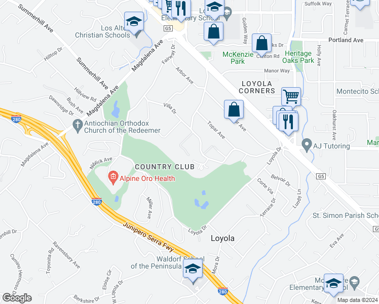 map of restaurants, bars, coffee shops, grocery stores, and more near 1468 Club View Terrace in Los Altos