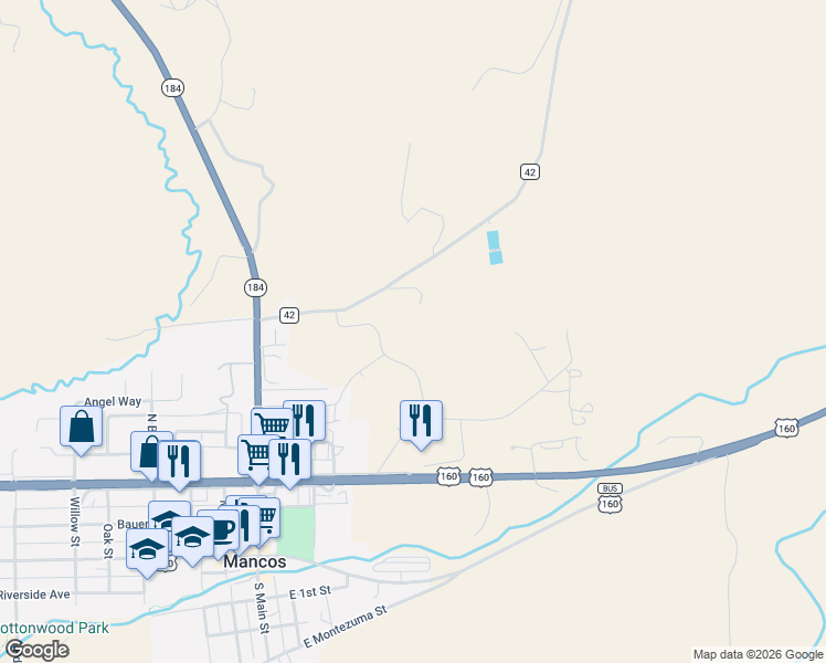 map of restaurants, bars, coffee shops, grocery stores, and more near 41835 U.S. 160 in Mancos