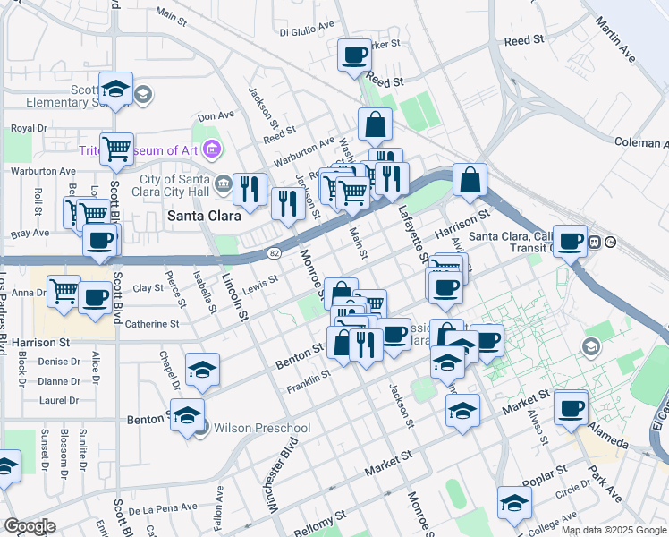 map of restaurants, bars, coffee shops, grocery stores, and more near 1344 Jackson Street in Santa Clara