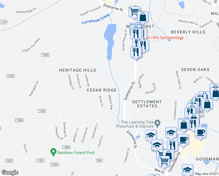 map of restaurants, bars, coffee shops, grocery stores, and more near 125 Willard Way in Lynchburg