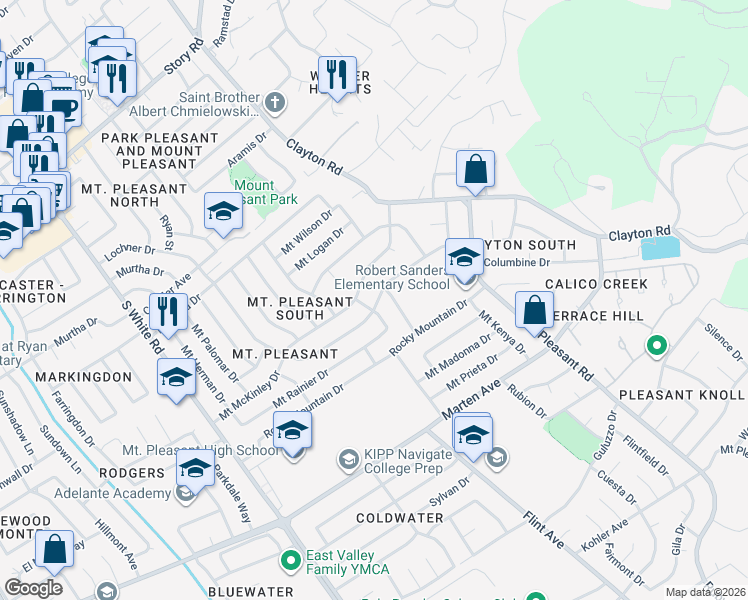 map of restaurants, bars, coffee shops, grocery stores, and more near 3348 Blue Mountain Drive in San Jose