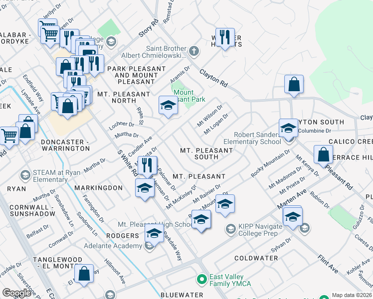 map of restaurants, bars, coffee shops, grocery stores, and more near 1502 Mount Whitney Drive in San Jose