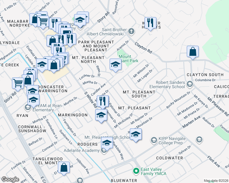 map of restaurants, bars, coffee shops, grocery stores, and more near 1433 Mount Diablo Drive in San Jose