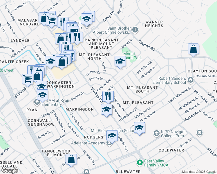 map of restaurants, bars, coffee shops, grocery stores, and more near 3129 Mount Vista Drive in San Jose