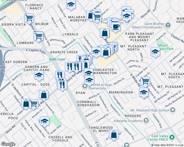 map of restaurants, bars, coffee shops, grocery stores, and more near 1198 Brightside Court in San Jose