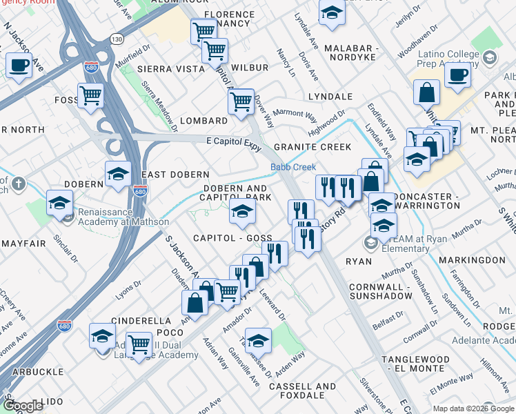 map of restaurants, bars, coffee shops, grocery stores, and more near 913 Baghdad Place in San Jose