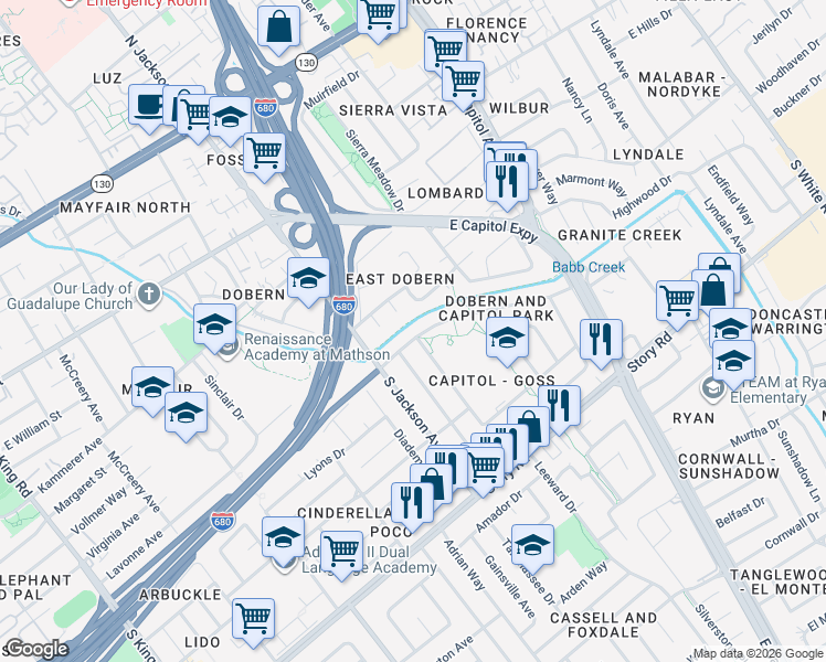 map of restaurants, bars, coffee shops, grocery stores, and more near 725 Peter Pan Avenue in San Jose