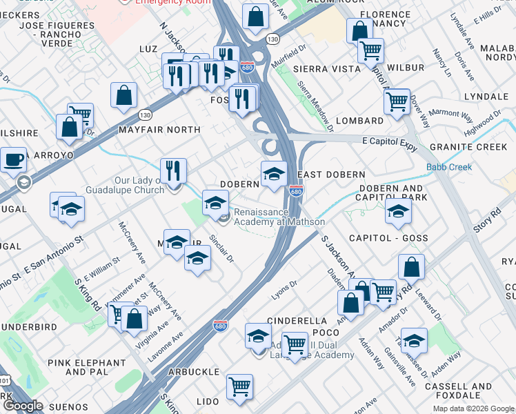 map of restaurants, bars, coffee shops, grocery stores, and more near 2228 Dobern Avenue in San Jose