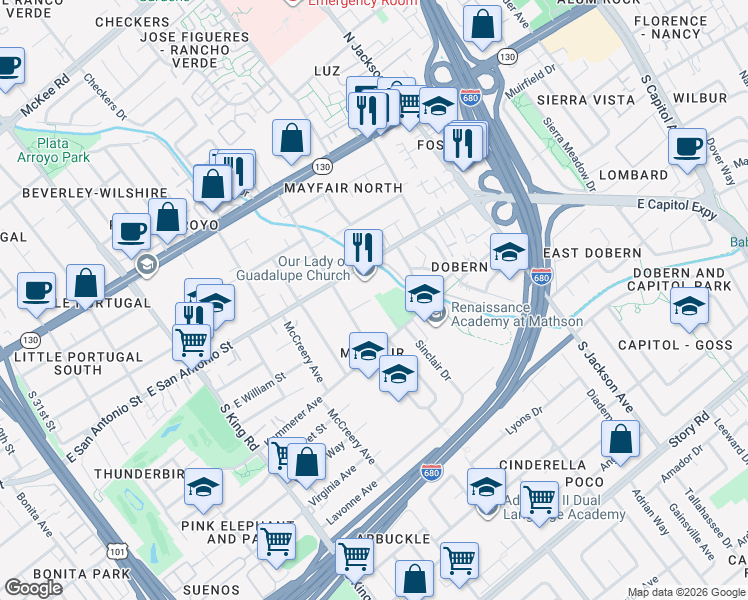 map of restaurants, bars, coffee shops, grocery stores, and more near 252 South Sunset Avenue in San Jose