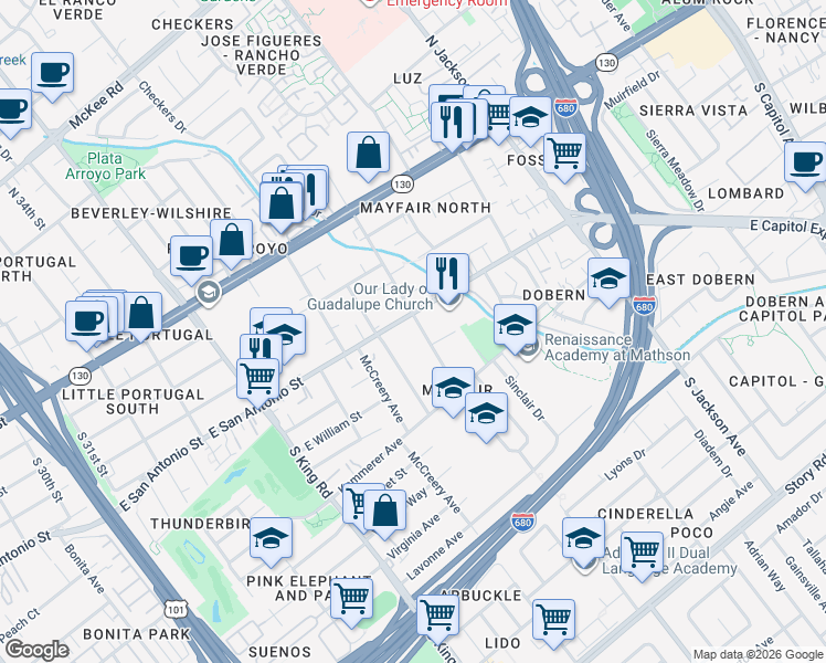 map of restaurants, bars, coffee shops, grocery stores, and more near 239 South Sunset Avenue in San Jose