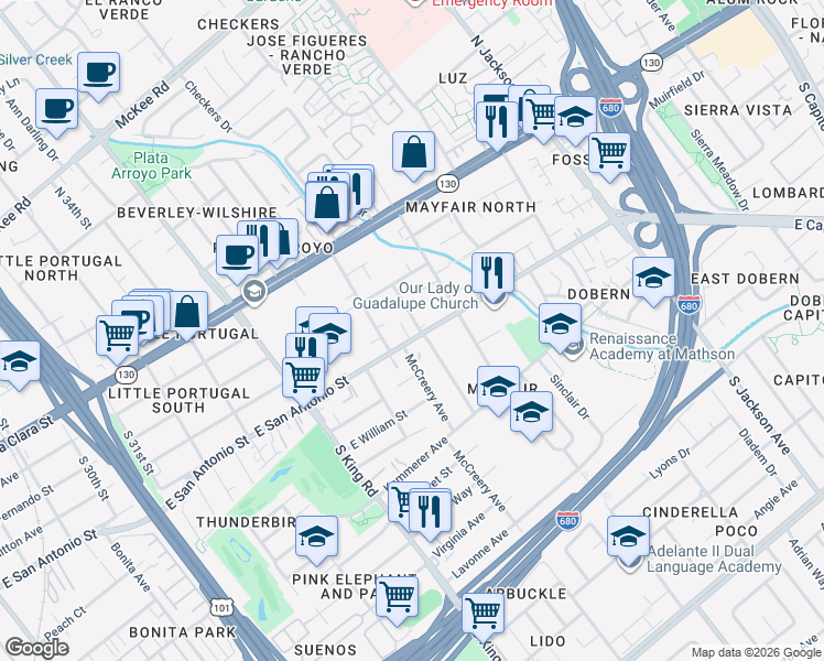 map of restaurants, bars, coffee shops, grocery stores, and more near 227 Oakland Avenue in San Jose