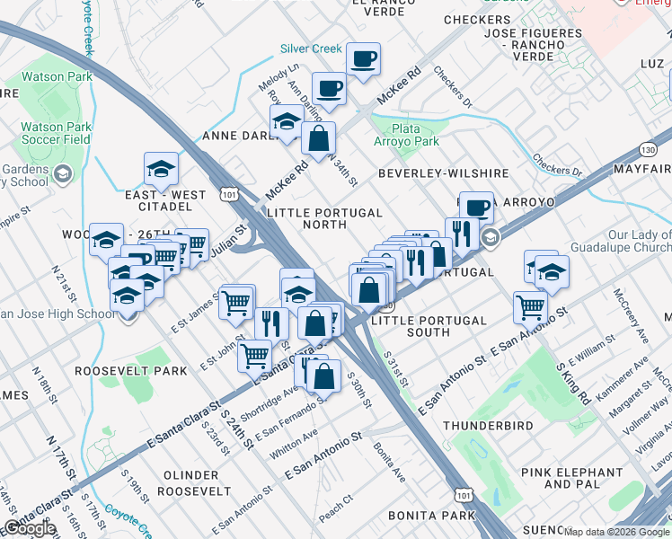 map of restaurants, bars, coffee shops, grocery stores, and more near 76 North 31st Street in San Jose