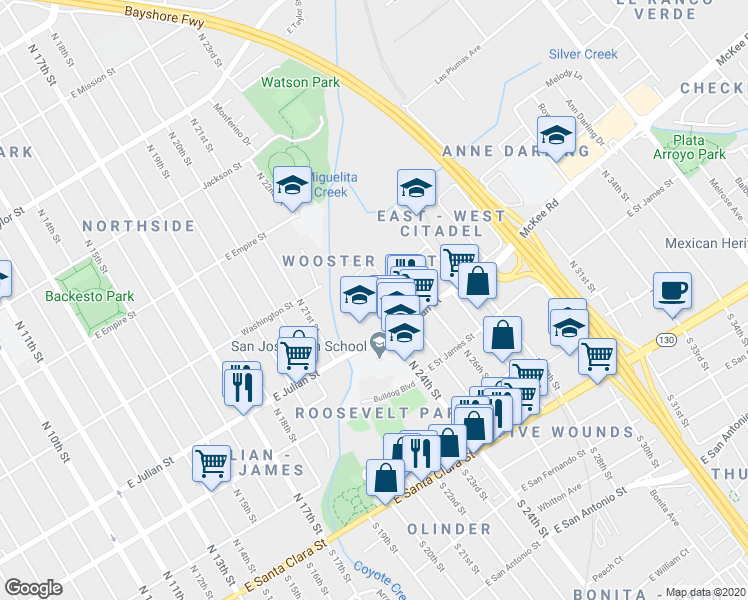 map of restaurants, bars, coffee shops, grocery stores, and more near 364 Coyote Creek Circle in San Jose
