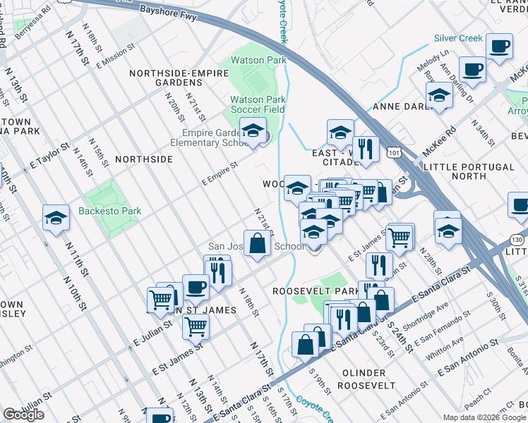 map of restaurants, bars, coffee shops, grocery stores, and more near 375 North 21st Street in San Jose