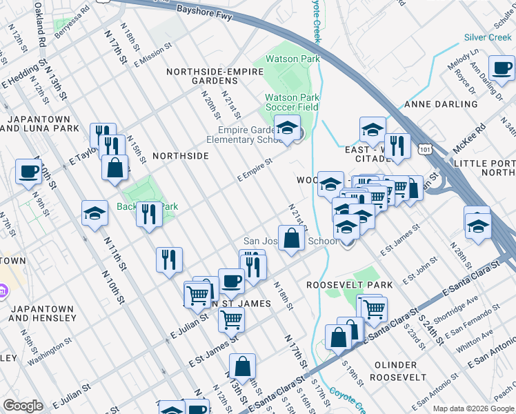 map of restaurants, bars, coffee shops, grocery stores, and more near in San Jose