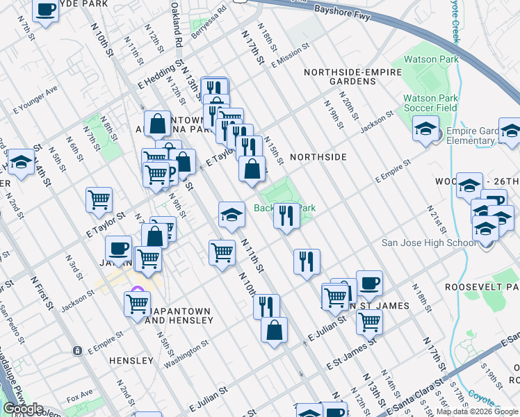 map of restaurants, bars, coffee shops, grocery stores, and more near 543 North 13th Street in San Jose