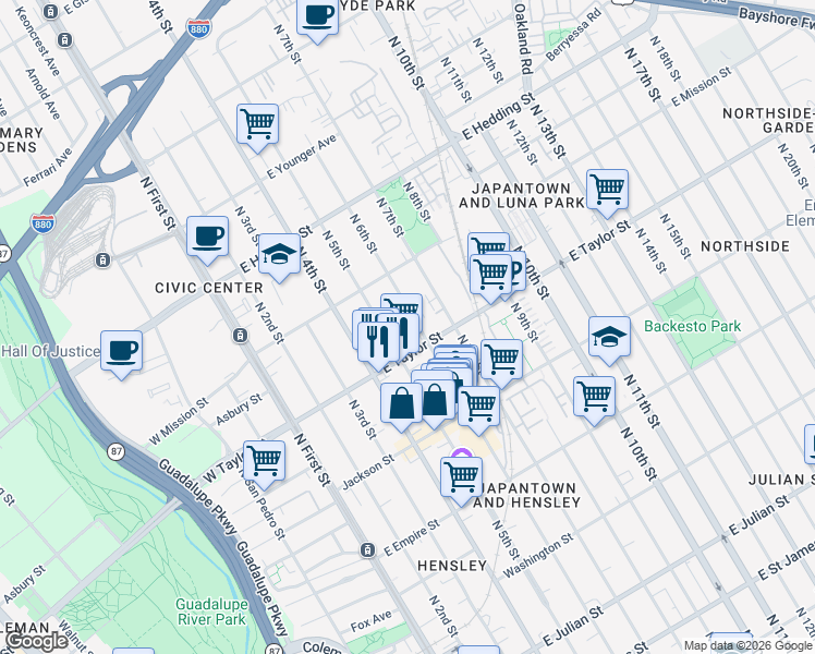 map of restaurants, bars, coffee shops, grocery stores, and more near 201 East Taylor Street in San Jose