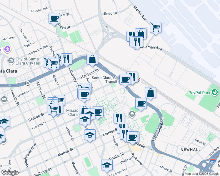 map of restaurants, bars, coffee shops, grocery stores, and more near 988 Franklin Street in Santa Clara