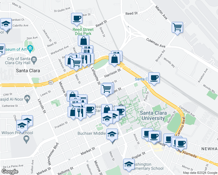 map of restaurants, bars, coffee shops, grocery stores, and more near 1141 Lafayette Street in Santa Clara