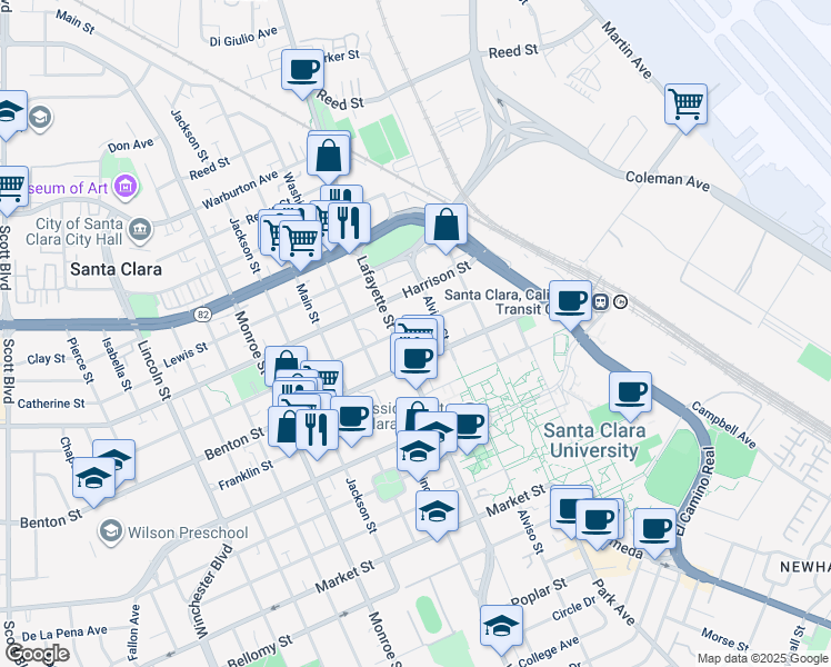 map of restaurants, bars, coffee shops, grocery stores, and more near 1141 Lafayette Street in Santa Clara