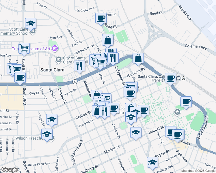 map of restaurants, bars, coffee shops, grocery stores, and more near 1220 Main Street in Santa Clara