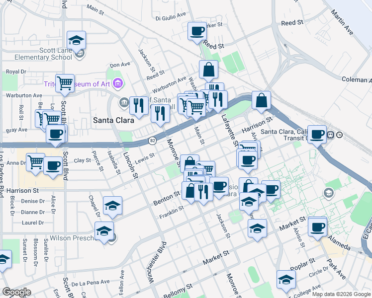 map of restaurants, bars, coffee shops, grocery stores, and more near 1294 Jackson Street in Santa Clara