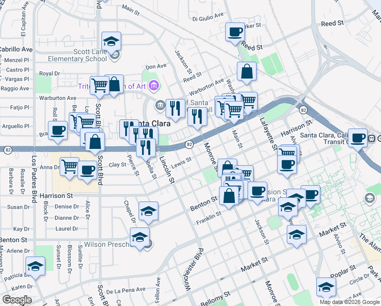 map of restaurants, bars, coffee shops, grocery stores, and more near 1390 Madison Street in Santa Clara