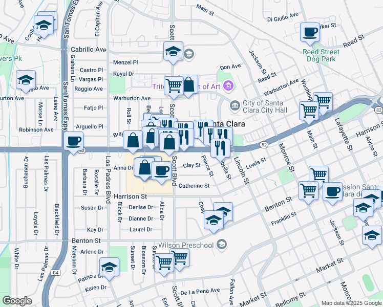 map of restaurants, bars, coffee shops, grocery stores, and more near 1849 Clay Street in Santa Clara
