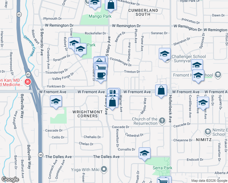 map of restaurants, bars, coffee shops, grocery stores, and more near 860 West Fremont Avenue in Sunnyvale