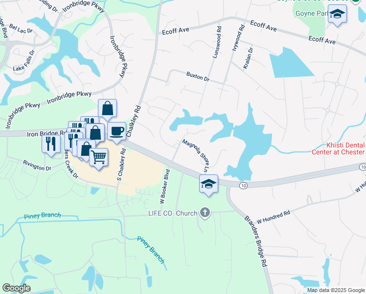 map of restaurants, bars, coffee shops, grocery stores, and more near 5755 Magnolia Shore Lane in Chester