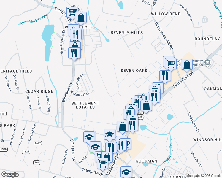 map of restaurants, bars, coffee shops, grocery stores, and more near 1408 Lockewood Drive in Lynchburg