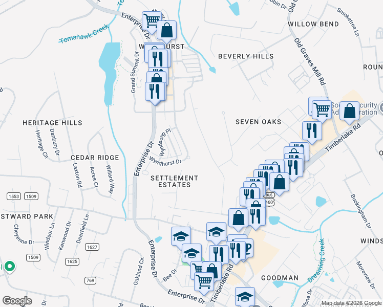 map of restaurants, bars, coffee shops, grocery stores, and more near 307 Wyndhurst Drive in Lynchburg