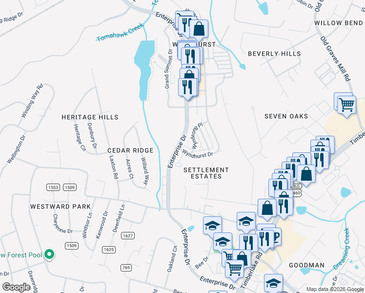 map of restaurants, bars, coffee shops, grocery stores, and more near 198 Wyndhurst Drive in Lynchburg