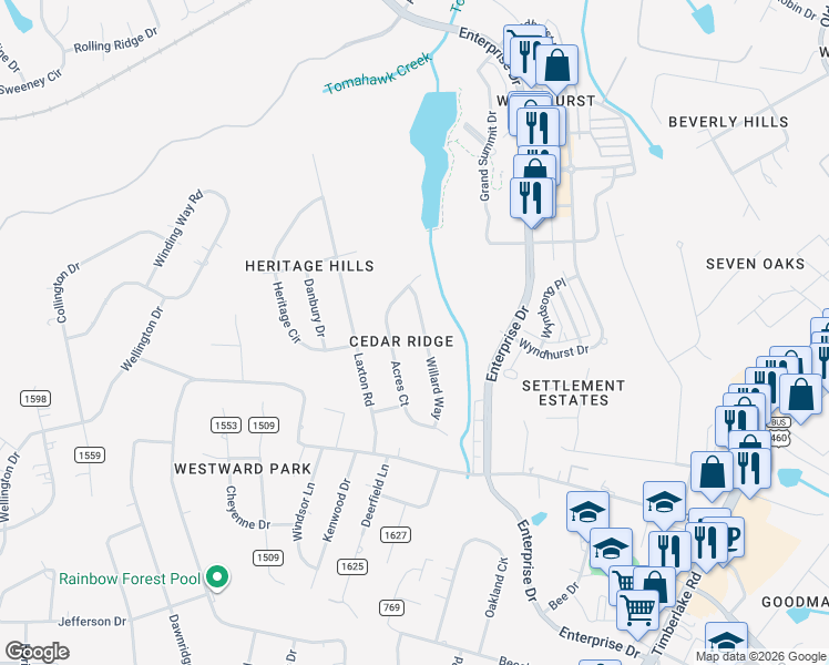 map of restaurants, bars, coffee shops, grocery stores, and more near 118 Willard Way in Lynchburg