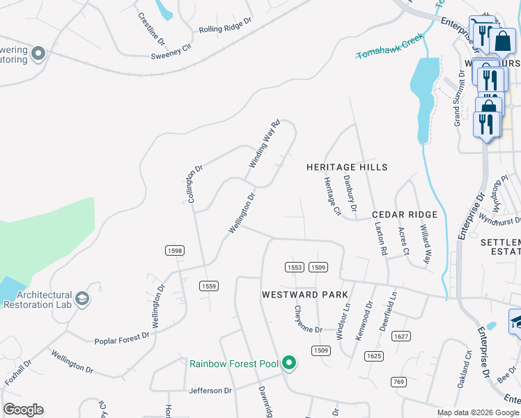 map of restaurants, bars, coffee shops, grocery stores, and more near 43 Crossway Road in Lynchburg