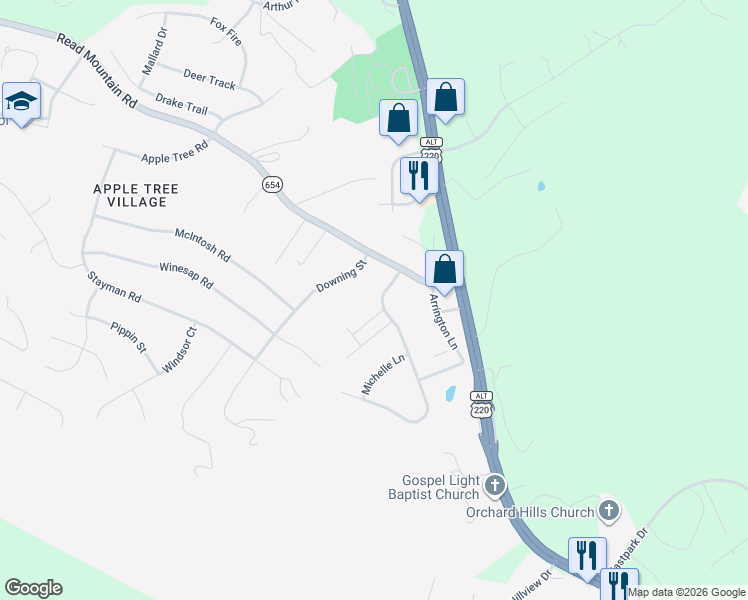 map of restaurants, bars, coffee shops, grocery stores, and more near 28 Primrose Court in Roanoke