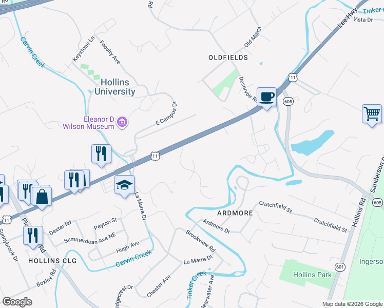map of restaurants, bars, coffee shops, grocery stores, and more near 7816 College View Court in Roanoke