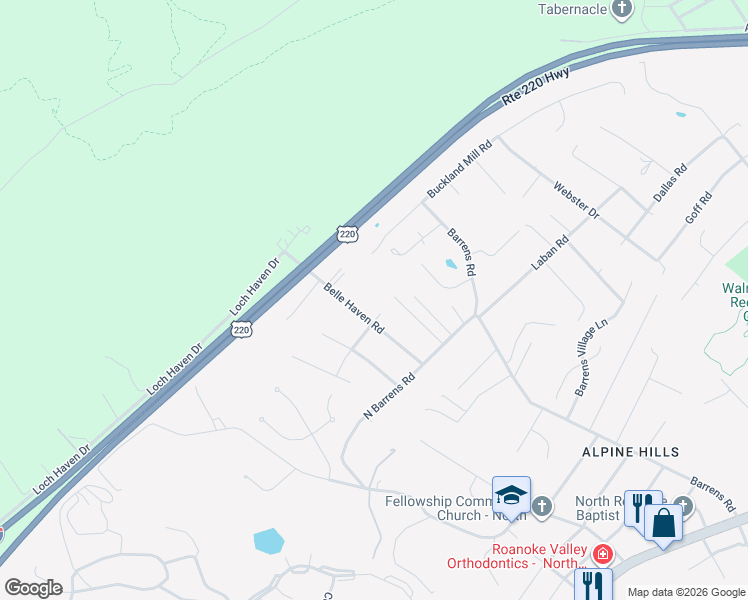 map of restaurants, bars, coffee shops, grocery stores, and more near 8412 Belle Haven Road in Roanoke