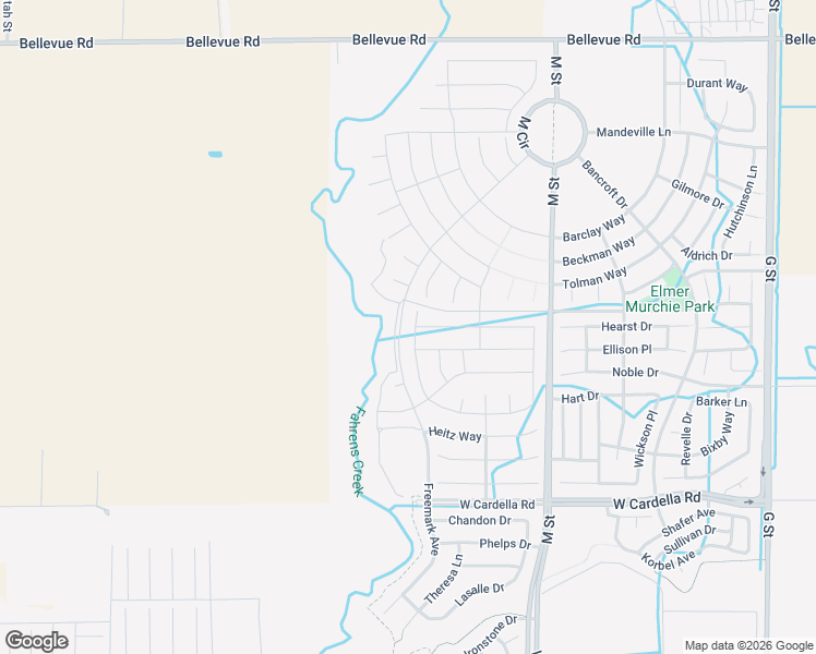 map of restaurants, bars, coffee shops, grocery stores, and more near 4479 Andrea Drive in Merced