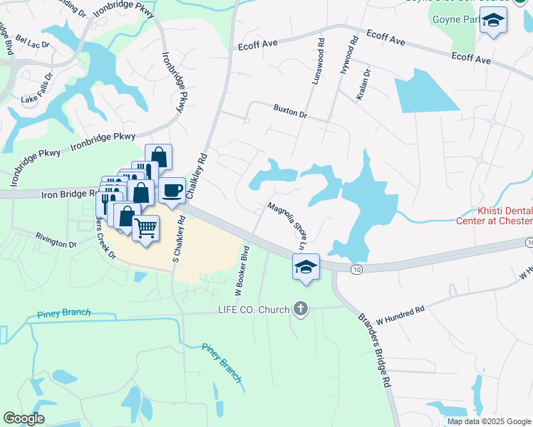 map of restaurants, bars, coffee shops, grocery stores, and more near 5755 Magnolia Shore Lane in Chester