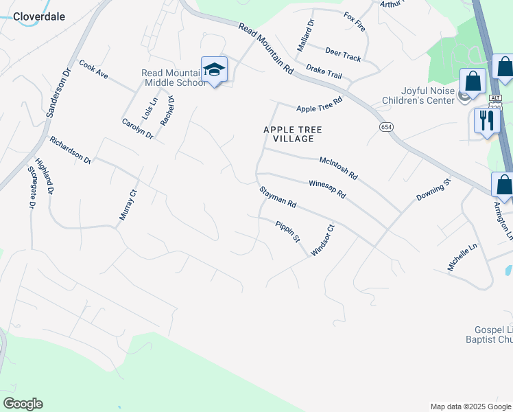map of restaurants, bars, coffee shops, grocery stores, and more near 52 Jonathan Road in Roanoke