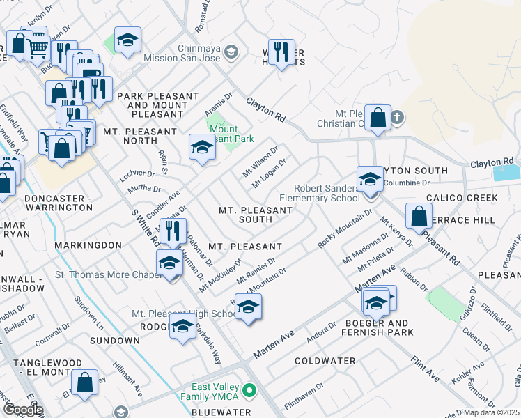 map of restaurants, bars, coffee shops, grocery stores, and more near 1497 Mount Lassen Drive in San Jose