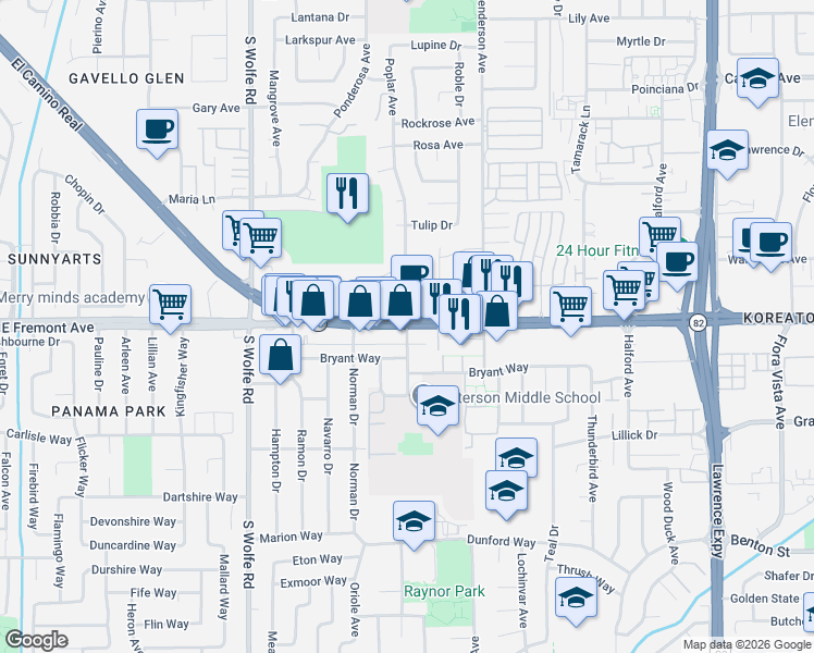 map of restaurants, bars, coffee shops, grocery stores, and more near 1000 East El Camino Real in Sunnyvale