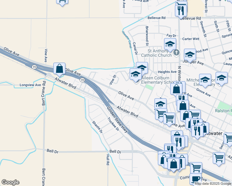 map of restaurants, bars, coffee shops, grocery stores, and more near 2400 Olive Avenue in Atwater