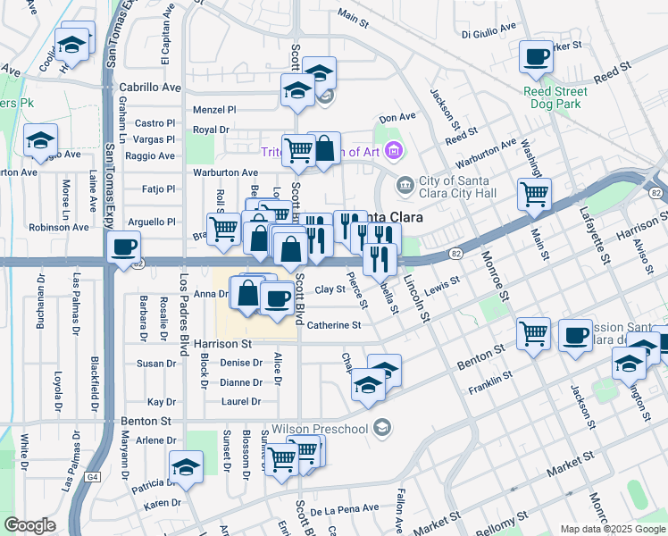 map of restaurants, bars, coffee shops, grocery stores, and more near 1850 El Camino Real in Santa Clara