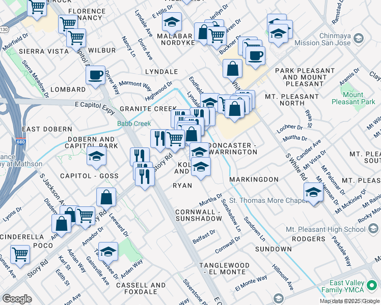 map of restaurants, bars, coffee shops, grocery stores, and more near 1150 McGinness Avenue in San Jose